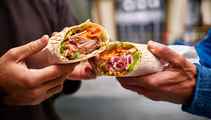 Sharing a delicious doner on a lively street corner with friends during a sunny afternoon