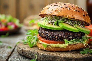A gourmet burger featuring a black bean patty, avocado slices, sprouts, and vegan mayo, served on a whole grain bun with a colorful quinoa salad, highlighting a healthy and plant-based option.