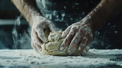 Fototapeta premium Hands Kneading Dough Flour Baking Preparation