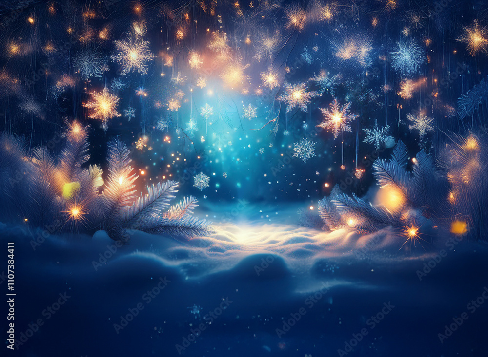 Poster enchanted winter forest scene. glowing snowflakes and lights illuminate a snowy path, creating a mag