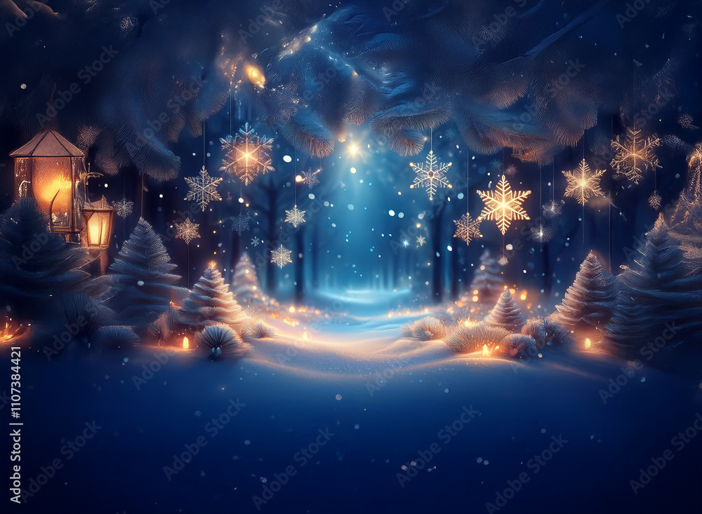 Poster enchanted winter forest path, glowing lanterns and snowflakes illuminate a magical snowy scene. cand