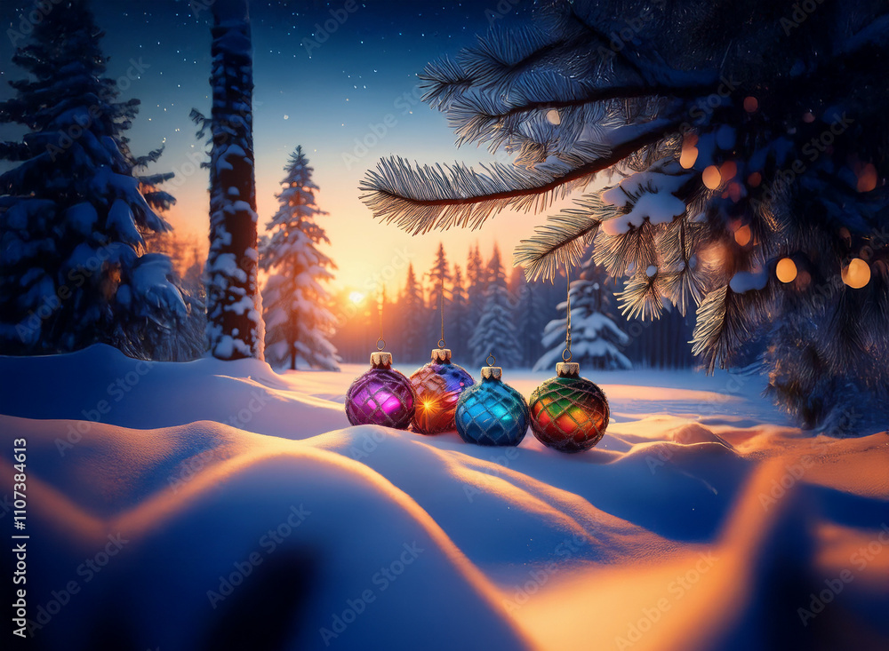 Aufkleber serene winter sunset scene. four colorful ornaments rest in snowy forest, bathed in warm golden ligh