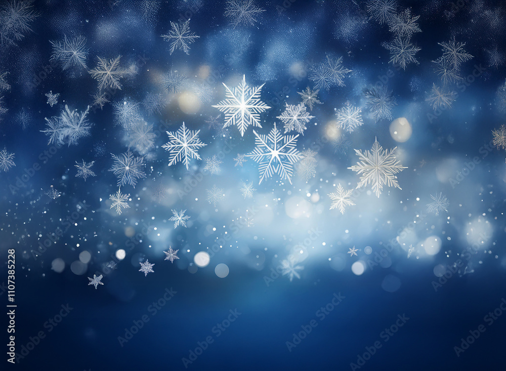 Poster a mesmerizing winter scene: intricate snowflakes gently fall against a blurred, deep blue backdrop, 
