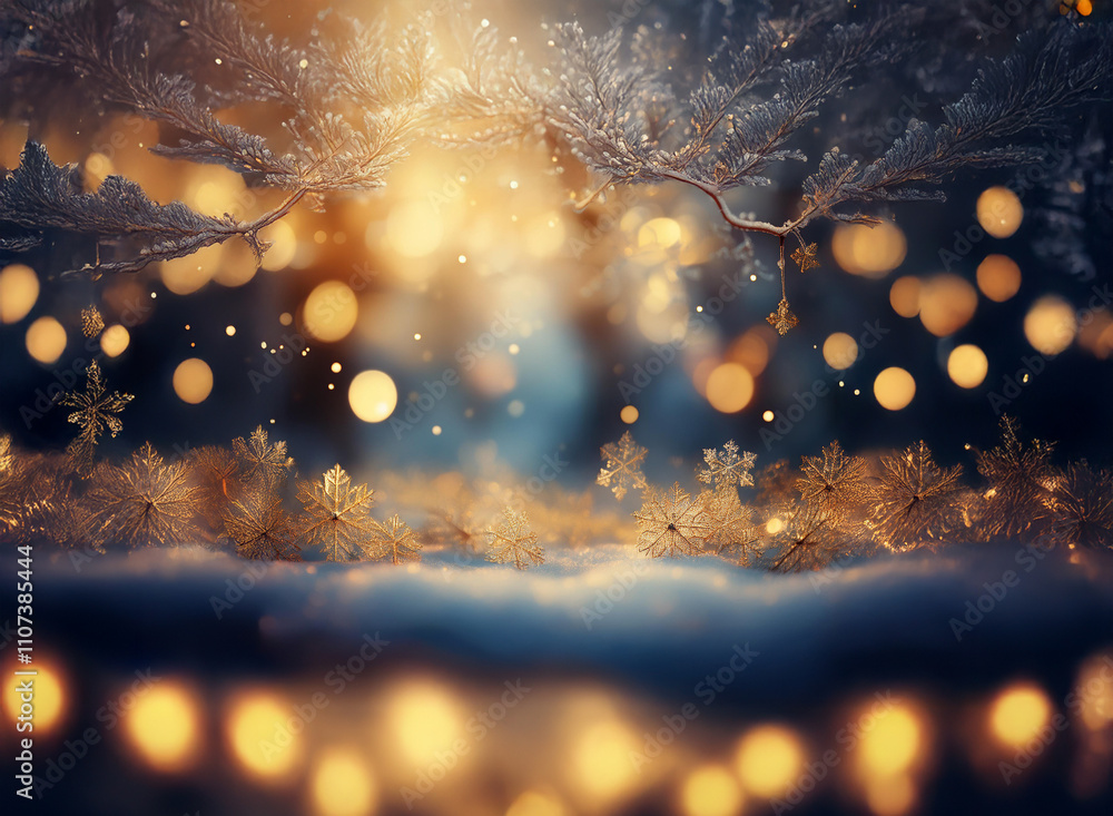 Poster Magical winter scene.  Glowing lights illuminate a snow-covered ground with delicate snowflakes, creating a serene and enchanting atmosphere.  Frozen branches frame the scene.