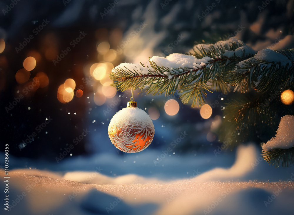 Aufkleber a snow-dusted orange bauble hangs from a pine branch, illuminated by warm bokeh lights in a winter w