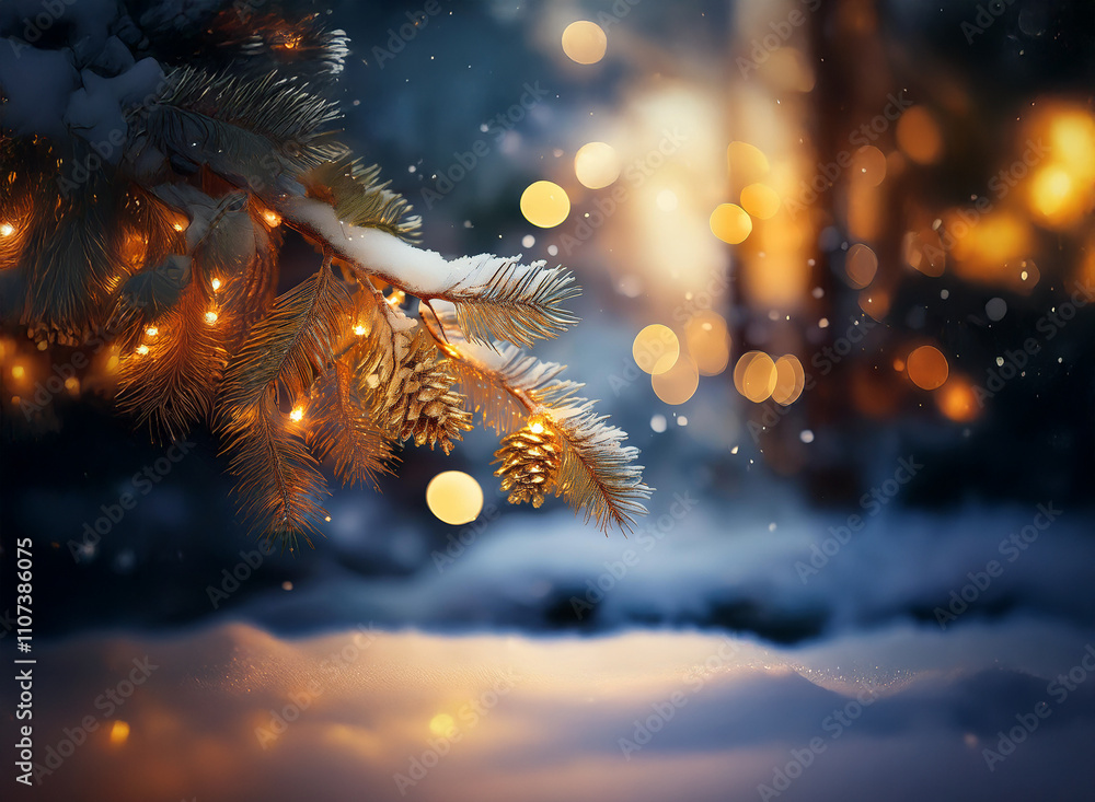 Poster snow-covered pine branch adorned with warm fairy lights, glowing softly against a bokeh backdrop of 