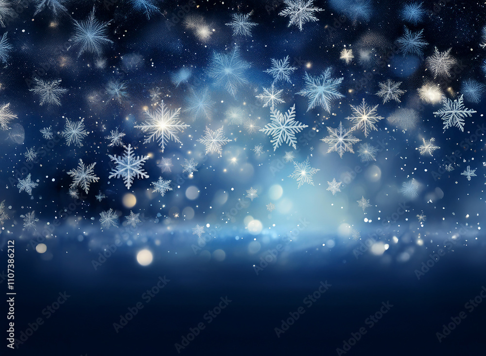 Poster falling snowflakes and shimmering lights create a magical winter scene. a dark blue background enhan