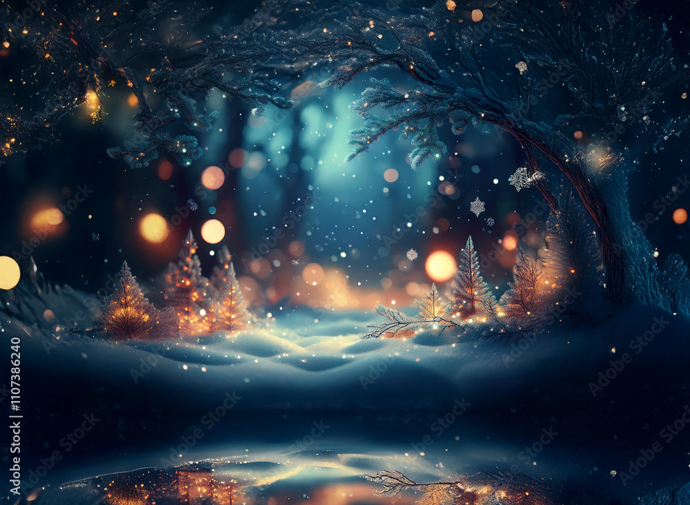 Poster enchanted winter forest scene. snow-covered trees, glowing lights, and a tranquil reflection on a st