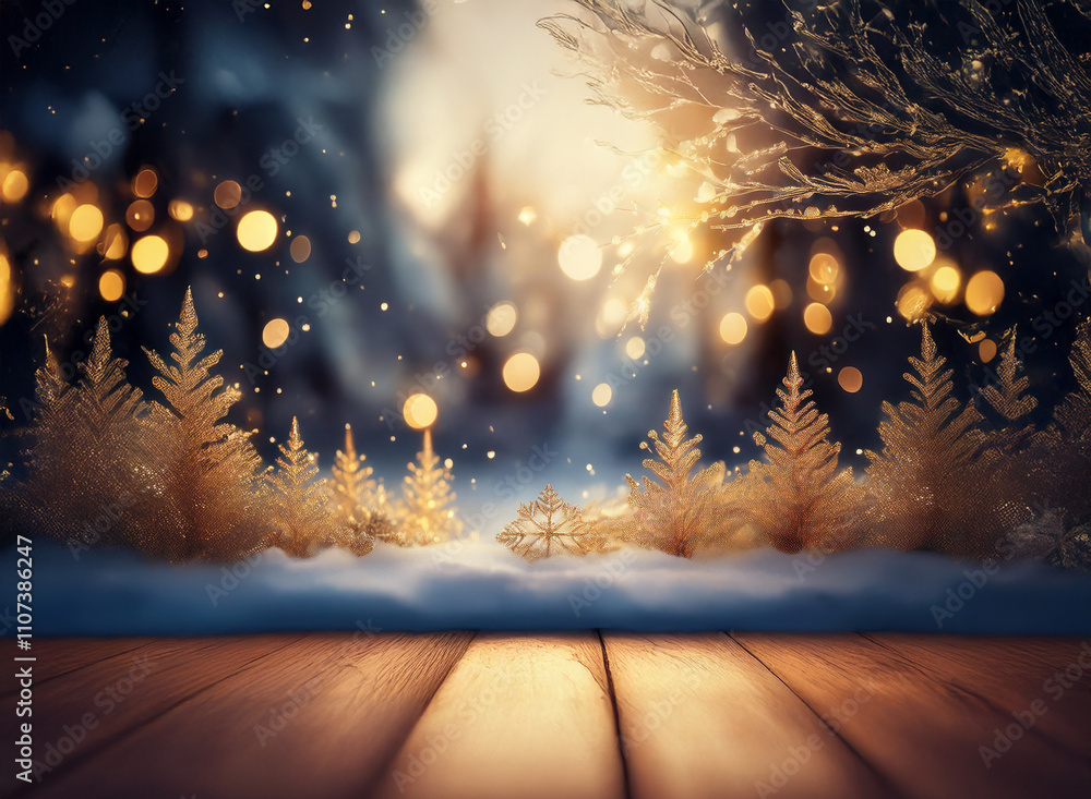Poster a magical winter scene: golden trees dusted with snow, illuminated by warm lights against a dark, bo