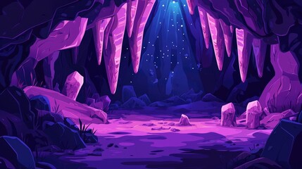 A Fantasy Cave with Purple Crystal Formations and a Glowing Blue Sky