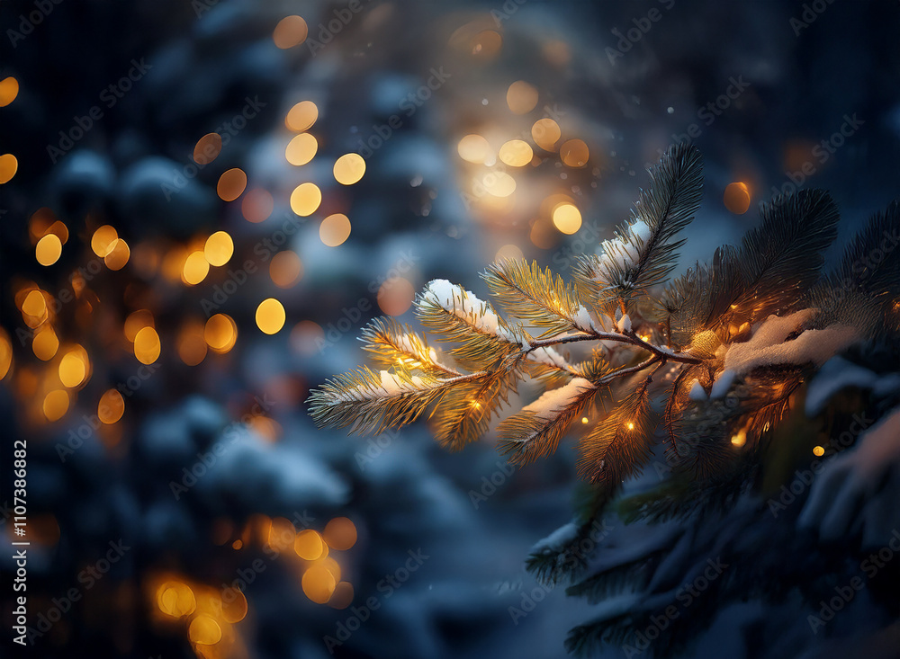 Poster a snow-dusted pine branch, adorned with warm fairy lights, glows softly against a bokeh backdrop of 