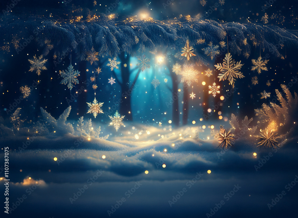 Poster Enchanted winter forest scene.  Snow falls softly on glowing trees, creating a magical, ethereal atmosphere.  Sparkling lights illuminate the snowy landscape.