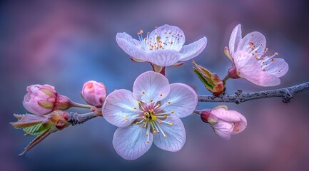 Delicate pink cherry blossom flower branch close up in spring with blue bokeh sky with pastel background. 