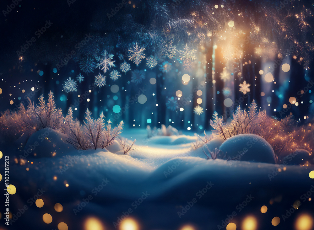 Poster magical winter scene: snow-covered forest path glows with warm light, snowflakes falling, creating a