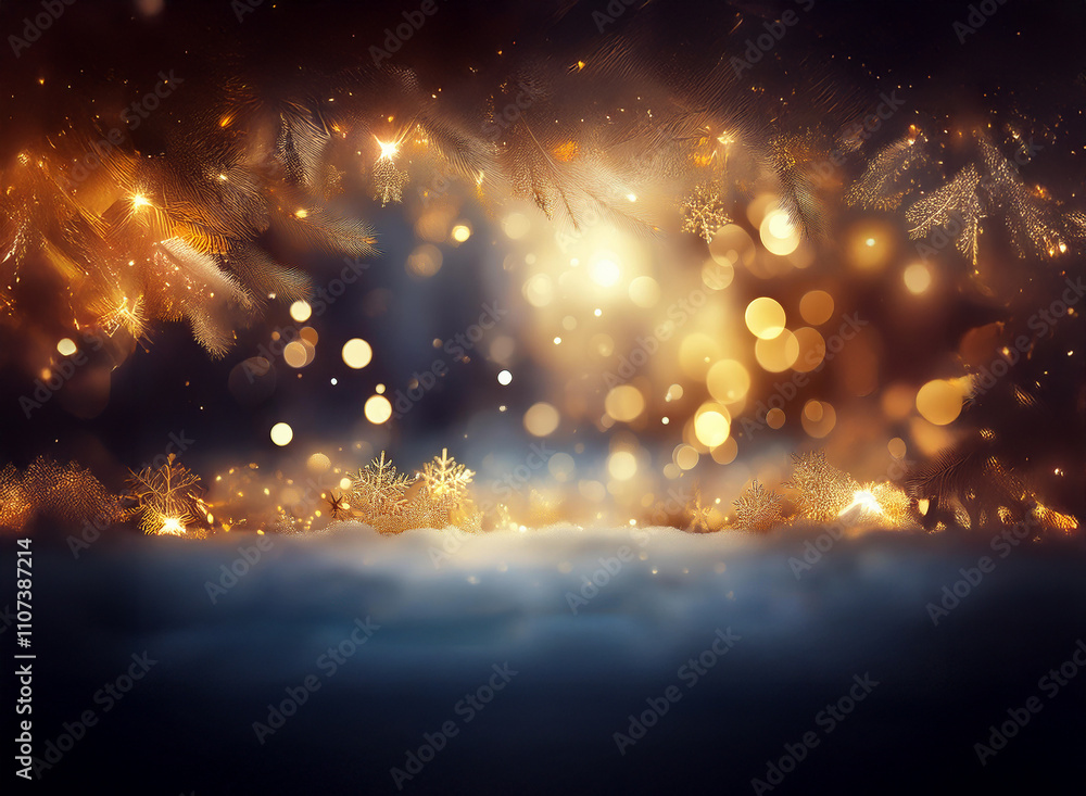 Poster a magical winter scene with golden bokeh lights, sparkling snowflakes, and a snowy ground, creating 