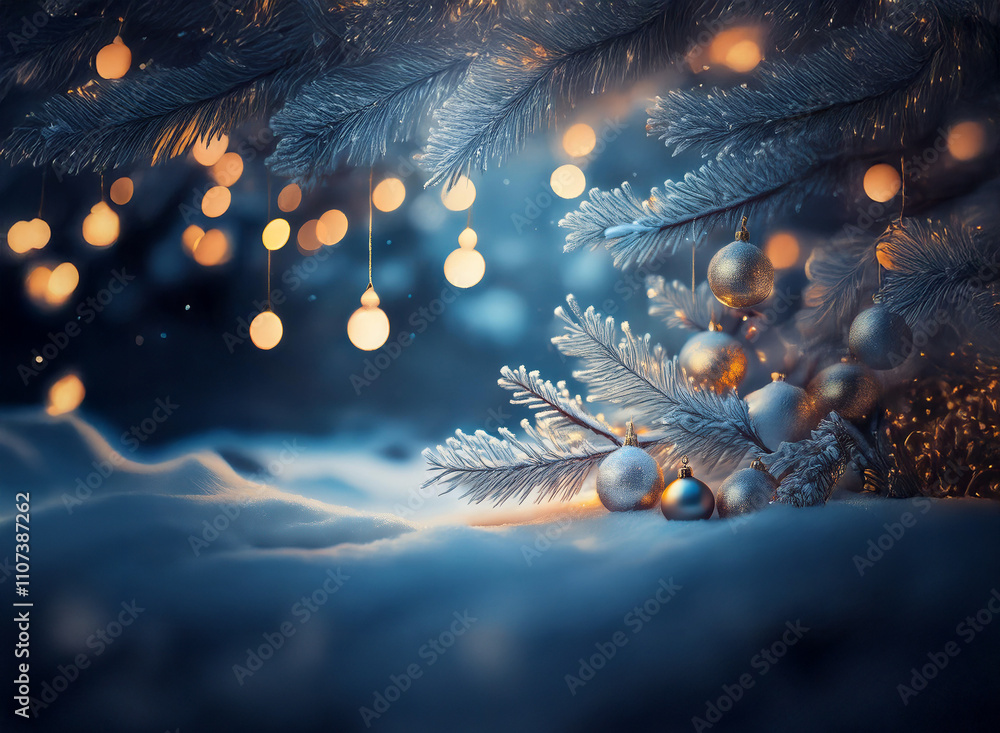 Poster silver and gold ornaments rest on a snowy ground beneath a glistening, frost-covered tree branch ill
