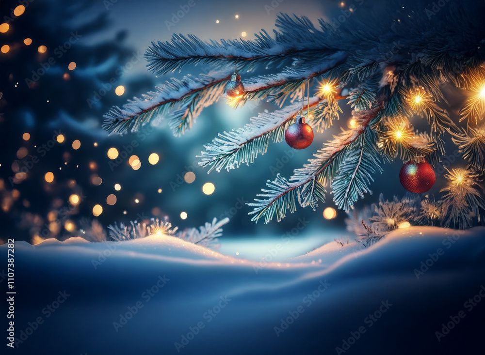 Poster a winter wonderland scene: frosted pine boughs adorned with warm lights and red ornaments rest on a 
