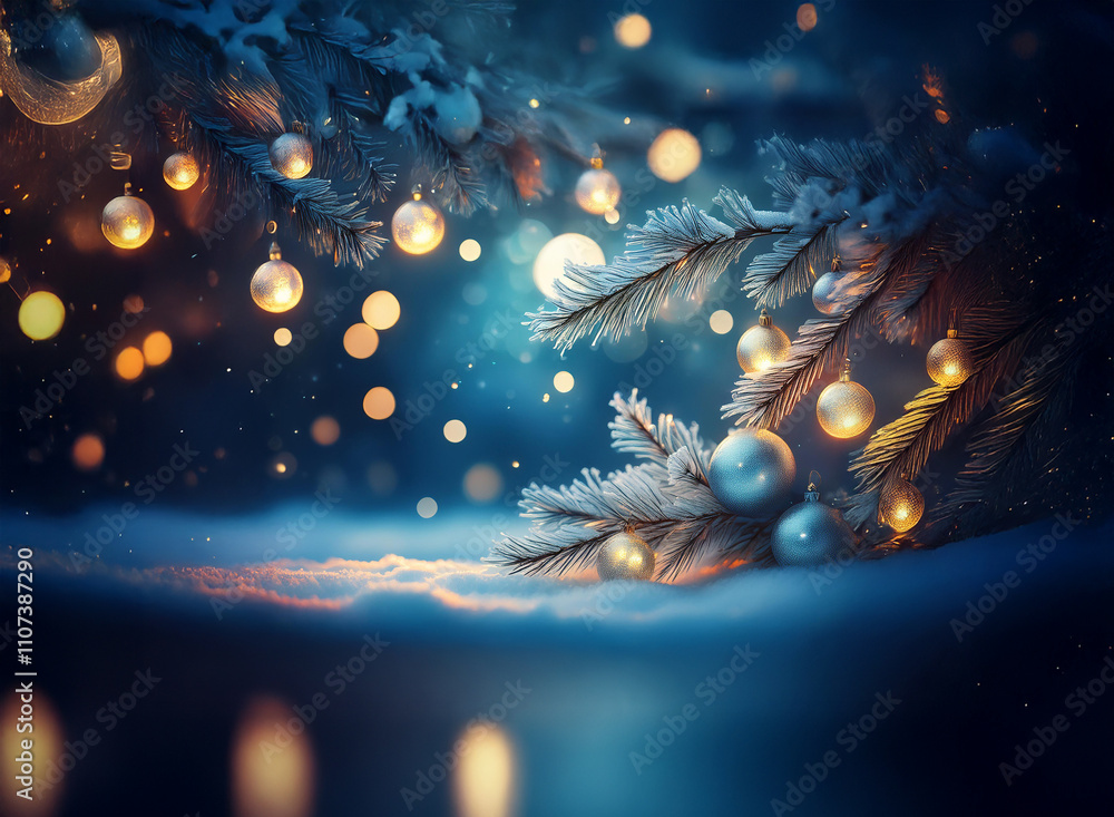 Poster a snow-covered evergreen branch adorned with shimmering ornaments and warm lights rests on a bed of 