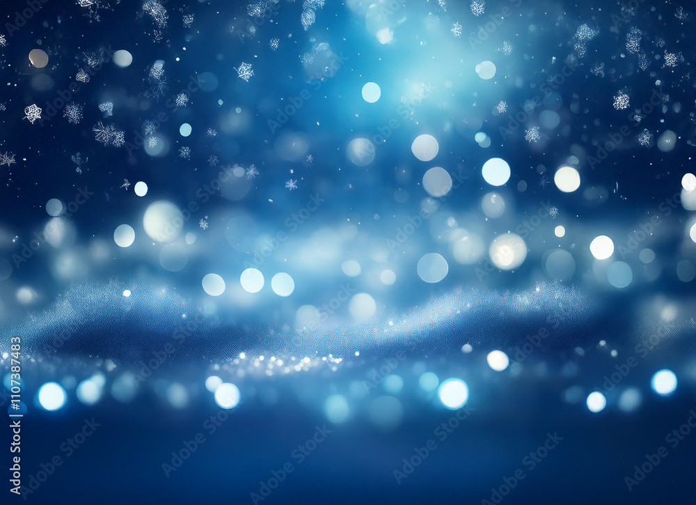 Aufkleber a mesmerizing winter scene. sparkling snowflakes and bokeh lights dance on a deep blue backdrop, cre