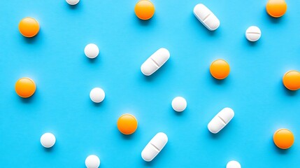 Close up of pills on blue background.