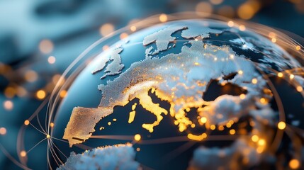 A sleek, futuristic 3D virtual globe with glowing points of digital pic