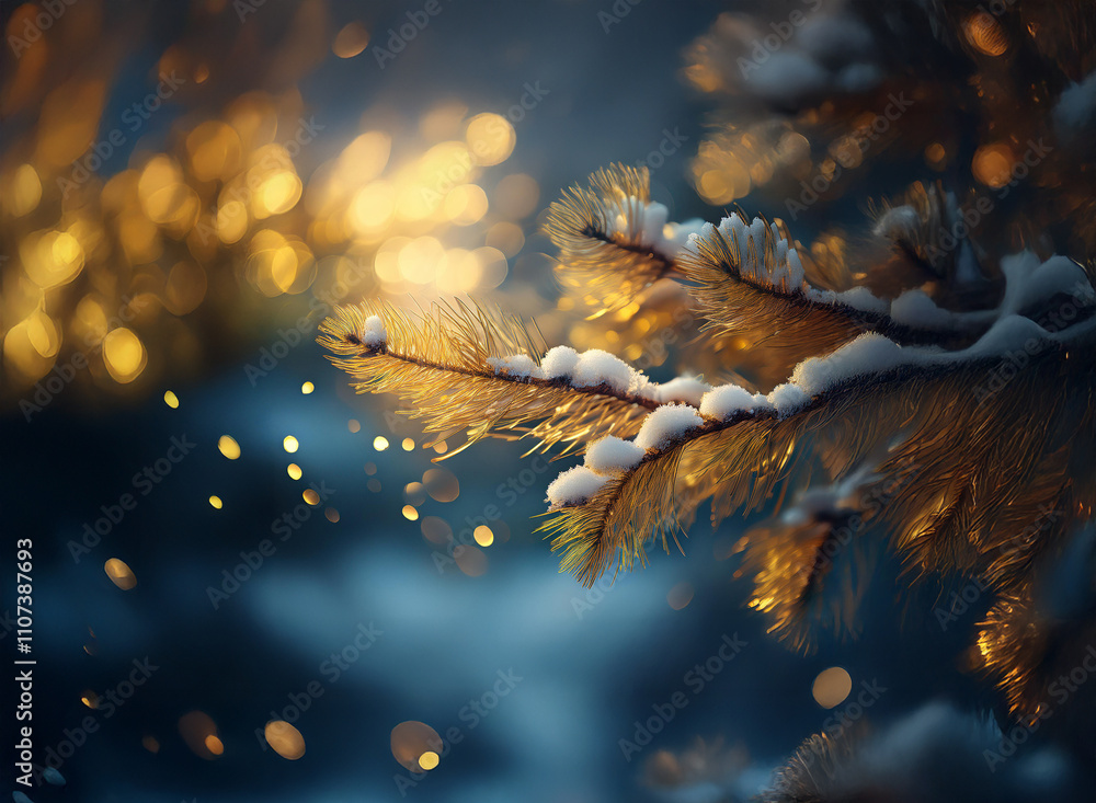 Aufkleber snow-dusted pine branches glow in the soft light of a winter evening. golden bokeh sparkles in the b