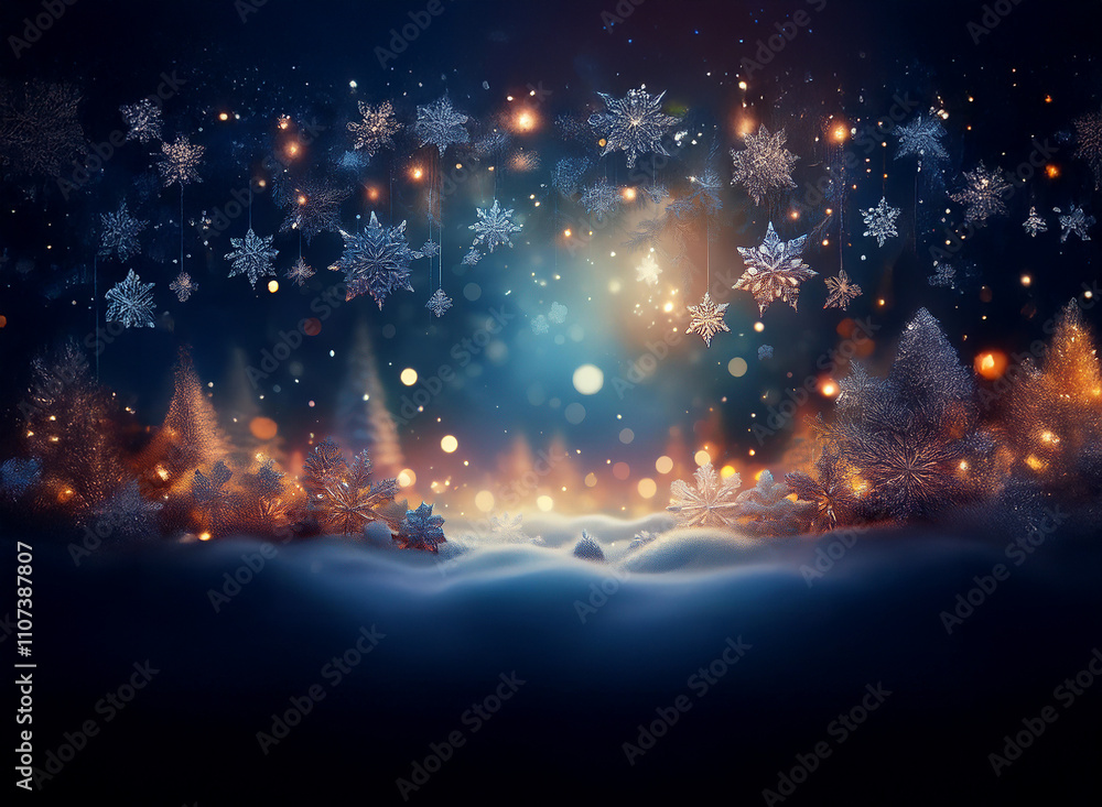 Poster magical winter scene: snow-covered hills, illuminated pine trees, and sparkling snowflakes against a