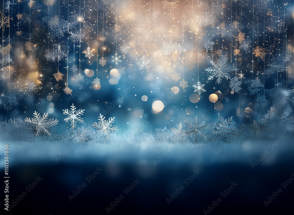 Poster magical winter scene with falling snowflakes, shimmering stars, and soft bokeh lights. a frosty grou