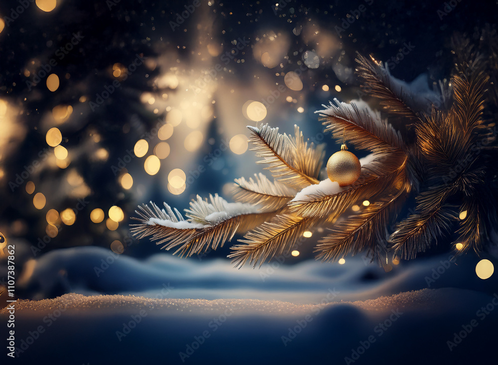 Poster a snow-dusted evergreen branch with a gold ornament rests in a winter wonderland scene, illuminated 