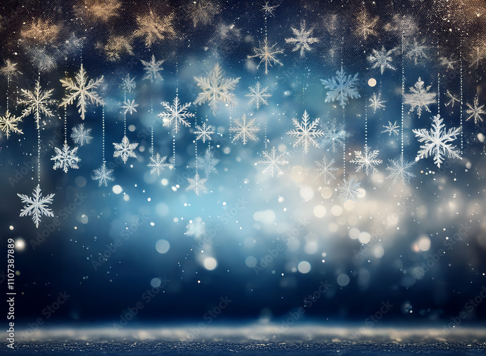 Aufkleber elegant winter scene with many shimmering snowflakes hanging against a bokeh background. a dark blue