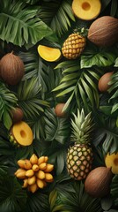 Fototapeta premium Tropical fruit composition with palm leaves and coconut husks