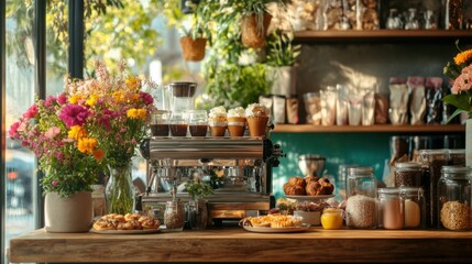 A vibrant cafe counter with freshly brewed coffee, tea, and digital pic