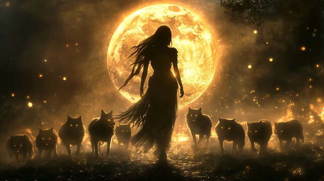 Artemis leading a pack of glowing wolves under a mystical full moon