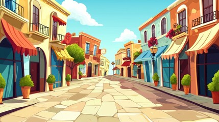 Obraz premium A Cartoon Street Scene with Colorful Buildings and Shops
