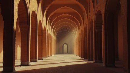 Fototapeta premium A photograph of an empty room with many pillars, the walls covered in Islamic geometric