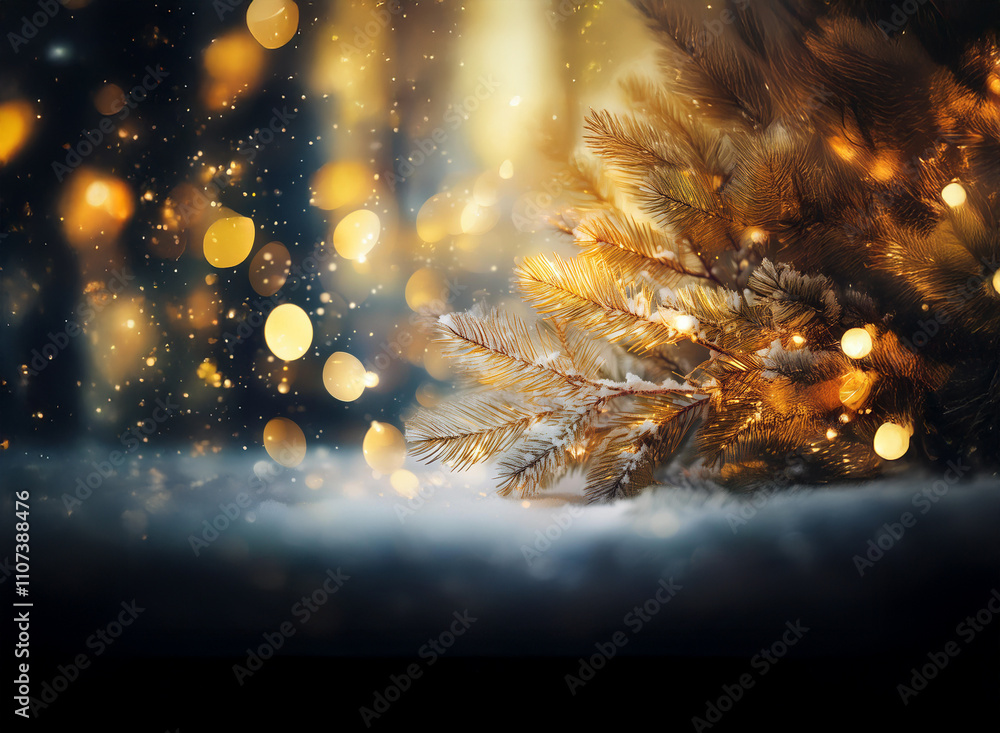 Poster A snow-covered pine branch adorned with warm, golden lights rests on a bed of snow.  Sparkling bokeh lights create a magical, winter wonderland scene.