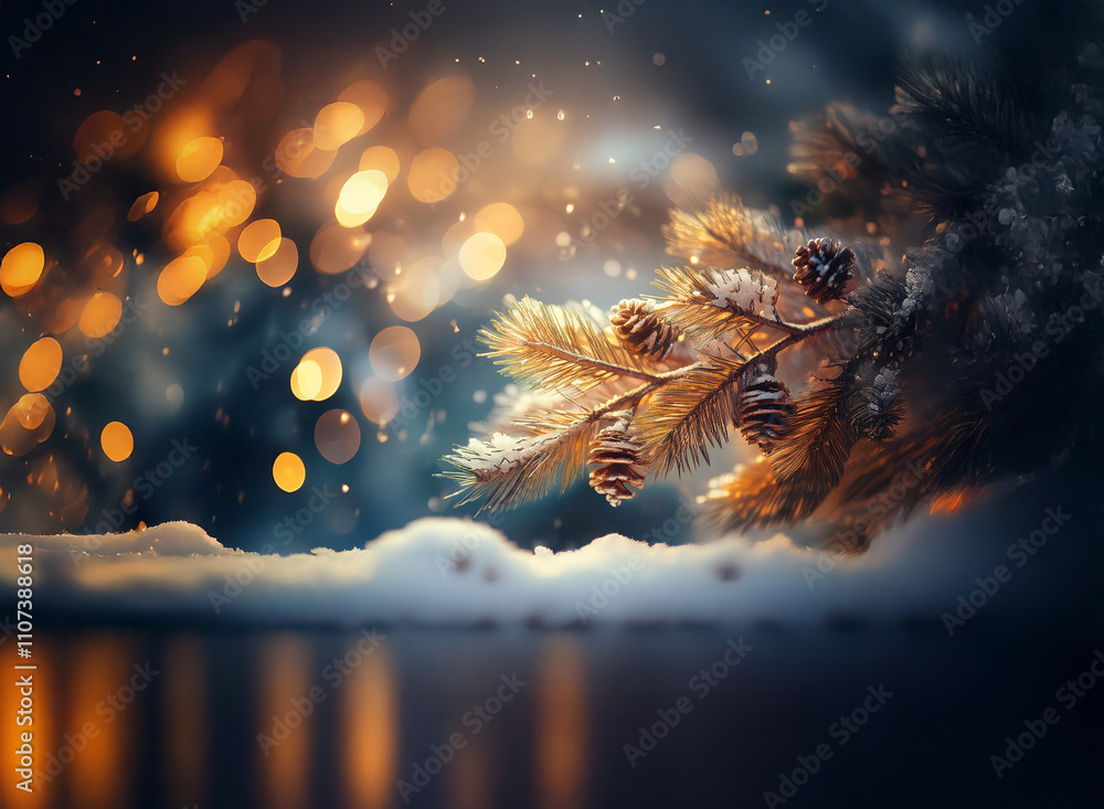 Poster a snow-covered pine branch with pine cones rests on a snowy surface, illuminated by warm, blurry lig