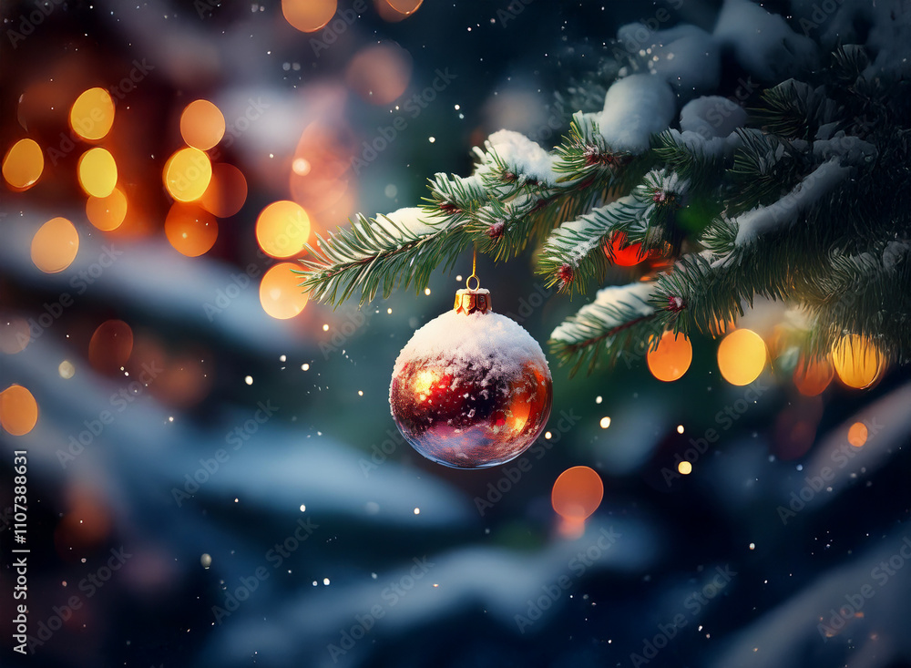 Poster a snow-dusted christmas ornament hangs from a pine branch, illuminated by warm bokeh lights. falling