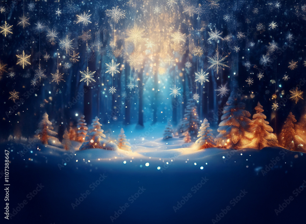 Poster enchanted winter forest scene. snowflakes fall, illuminating snow-covered trees with warm lights. ma