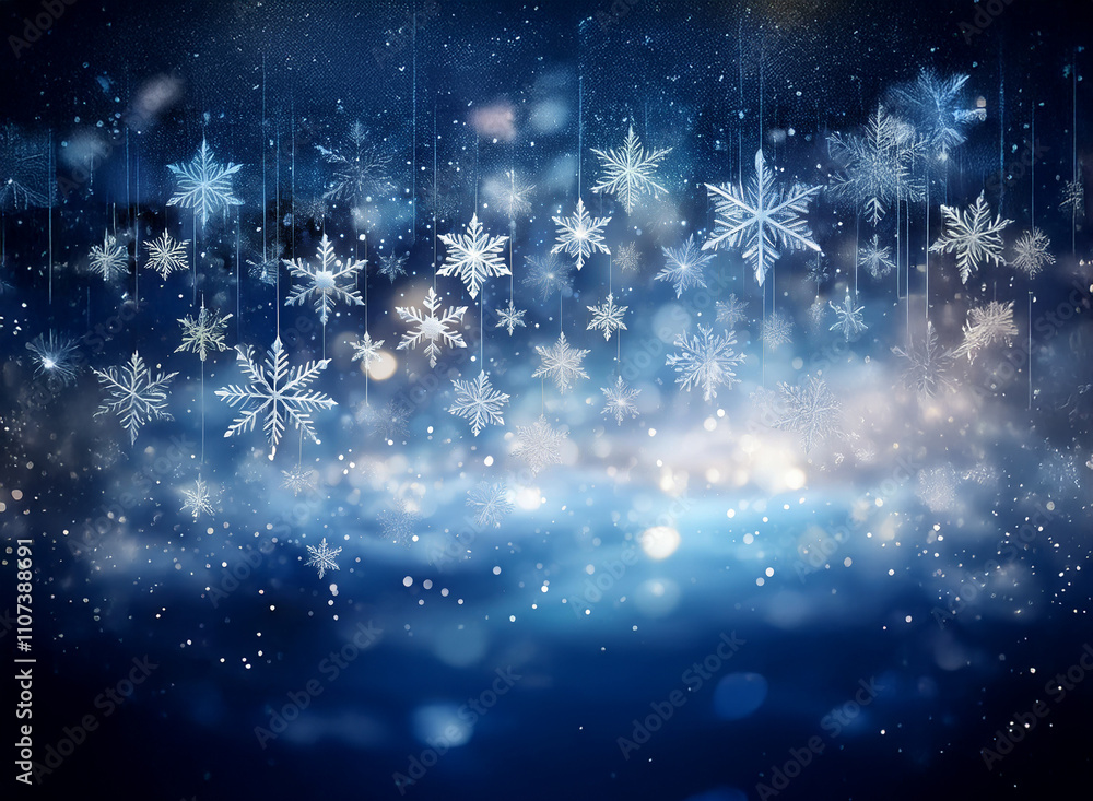 Poster elegant blue winter scene with shimmering snowflakes suspended against a bokeh backdrop. a magical, 