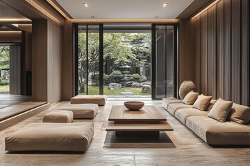 Fototapeta premium Millennial gray living room design modern home interior content tranquil environment minimalist viewpoint