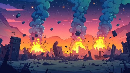 Fototapeta premium A City Destroyed by Explosions and Fire
