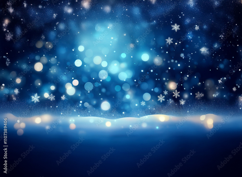 Poster a magical winter scene: falling snowflakes, shimmering bokeh lights, and a snowy landscape create a 
