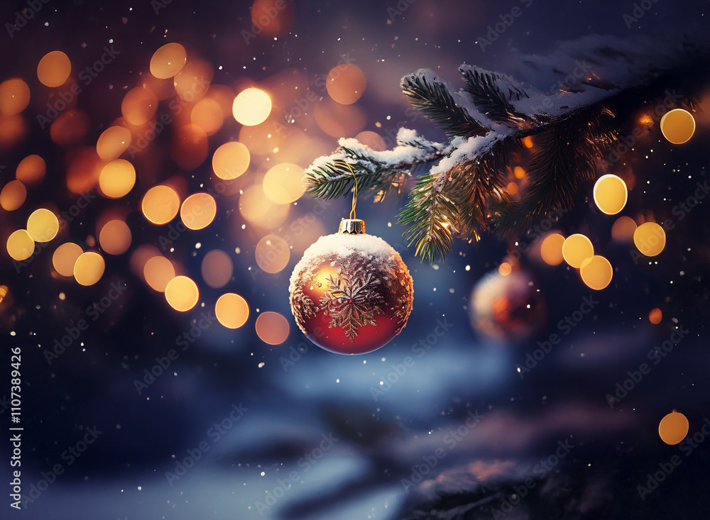 Poster a snow-dusted christmas ornament hangs from a pine branch, illuminated by warm bokeh lights. falling