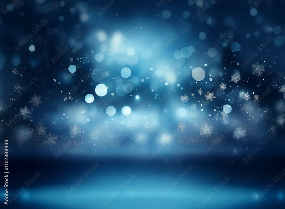 Poster a mesmerizing winter scene. dark blue background with bokeh lights and falling snowflakes creates a 