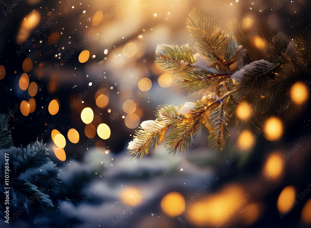 Poster snow-dusted pine branch glows in warm light amidst falling snow and bokeh. festive winter scene.