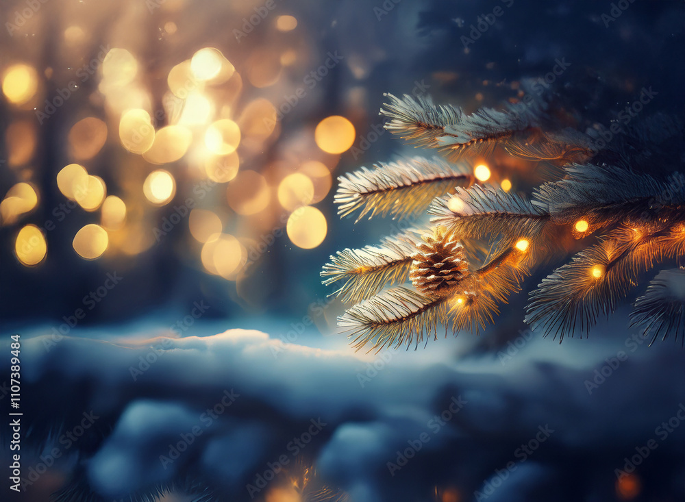 Poster Enchanted winter scene: A snow-covered evergreen branch adorned with warm fairy lights glows against a bokeh backdrop of twinkling lights.  Magic and tranquility fill the air.
