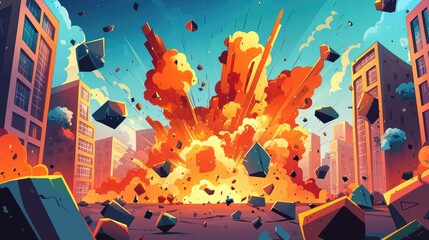 Obraz premium A Large Explosion in a City With Debris Flying Through the Air