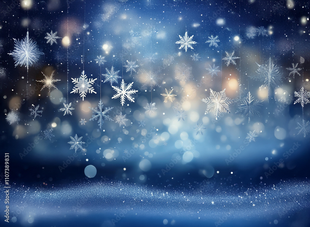 Aufkleber A mesmerizing winter scene with falling snowflakes and shimmering lights.  The cool blue tones create a magical, festive atmosphere.  A subtle snowdrift adds depth to the image.
