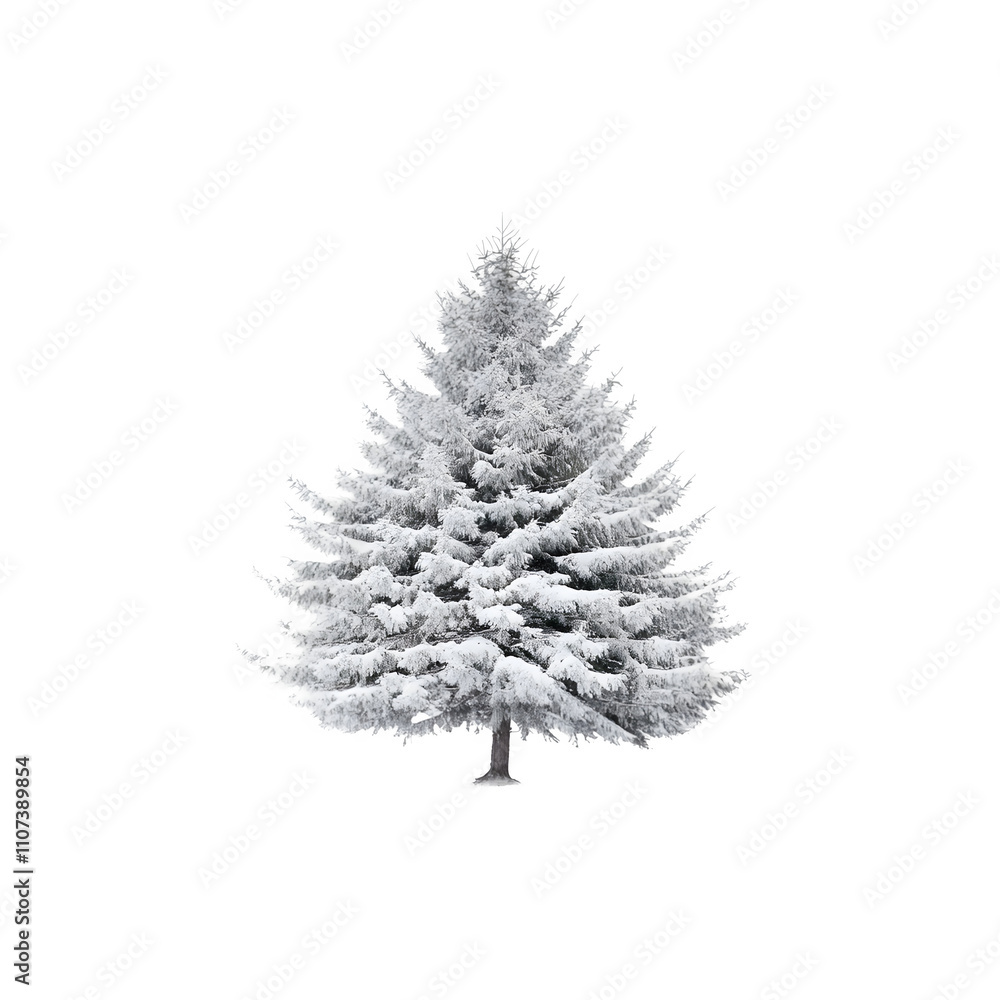 Poster stunning pine tree adorned with new snow, set against a clear backdrop, ideal for wintery design pro
